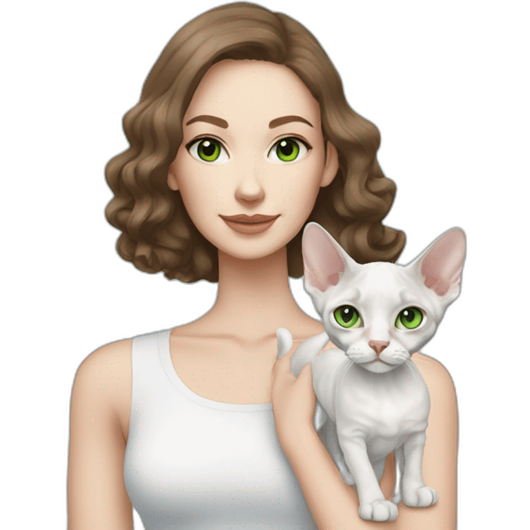 White brunette long hair woman with green eyes holding slim white devon rex with light blue eyes emoji