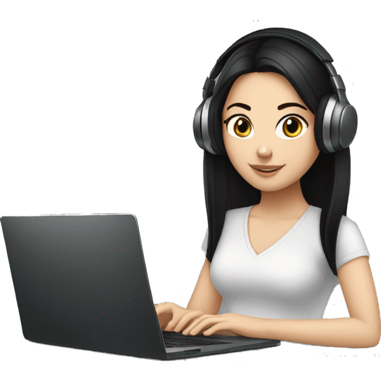 white girl with black hair working on laptop with headphones emoji