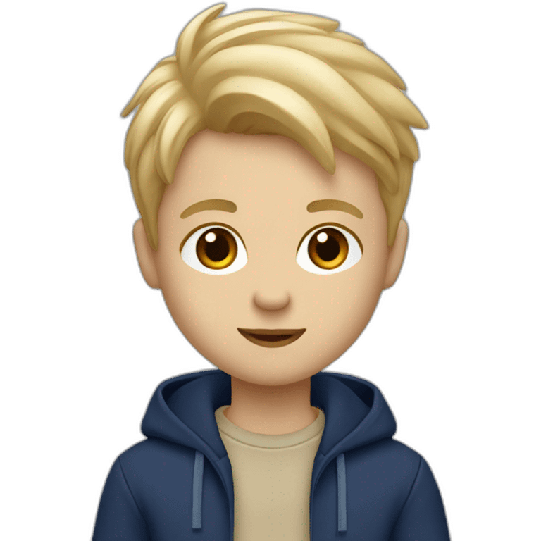 Jongen met asymmetrisch blond haar, donkerblauwe hoodie, beige cargo broek. emoji