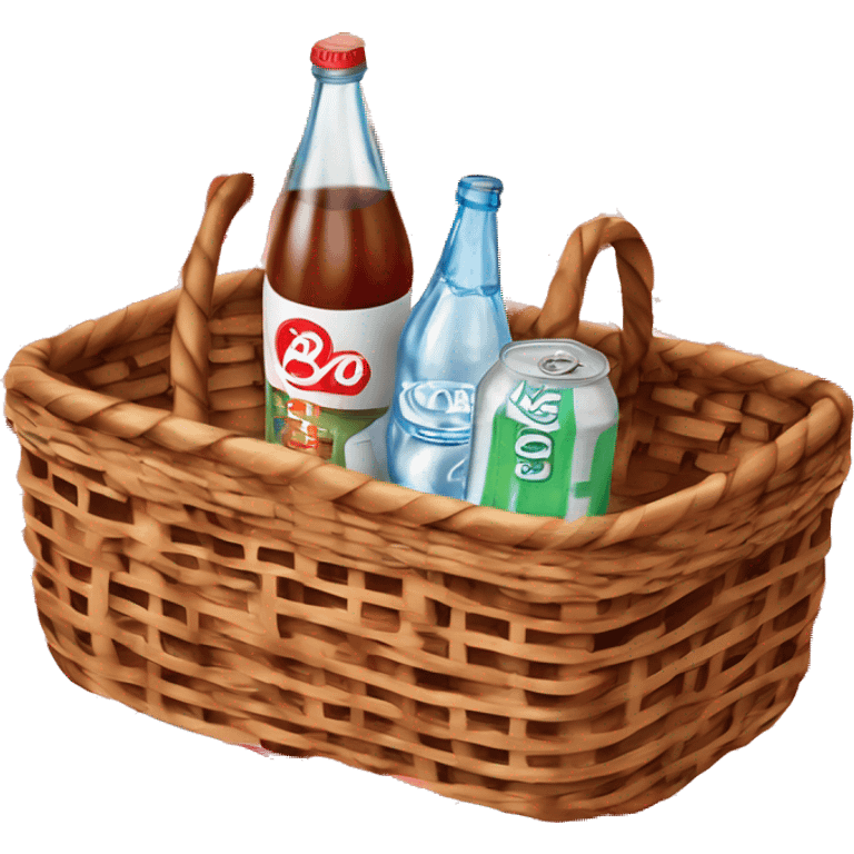 Wicker Picnic basket next to a bottle of soda water on a red and white plaid blanket emoji