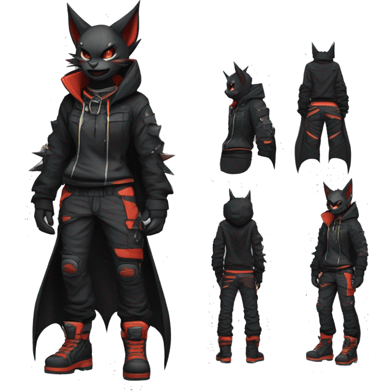 Cool Anthro Black Bat-Nargacuga-Litten-Lynx-Pokémon with edgy stripes hoodie spiked collar punk techwear Cargo Pants Full Body emoji