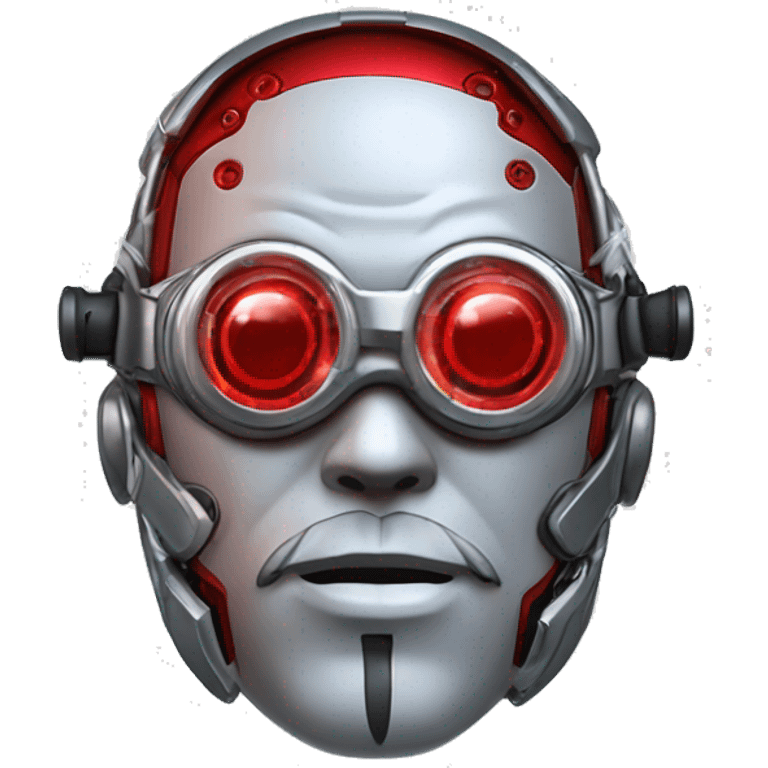 Red round male cyborg head with silver goggles, silver goatee and circuits emoji