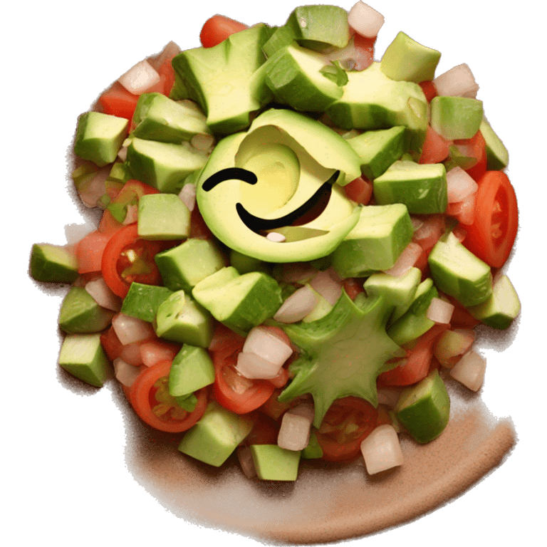 Mexican cactus salad, diced tomato, diced onion, diced avocado, cilantro, on brown clay plate emoji