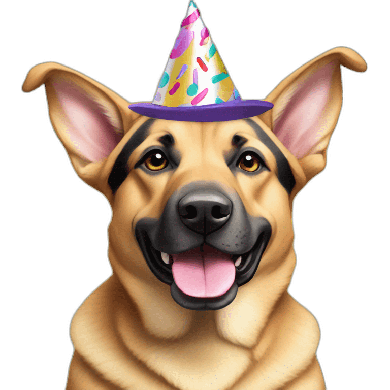 German shepherd tan Pitt bull floppy ear mixed dog wearing birthday hat emoji