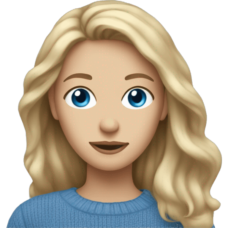 pale blue eyed woman with long dirty blonde hair wearing a blue sweater emoji