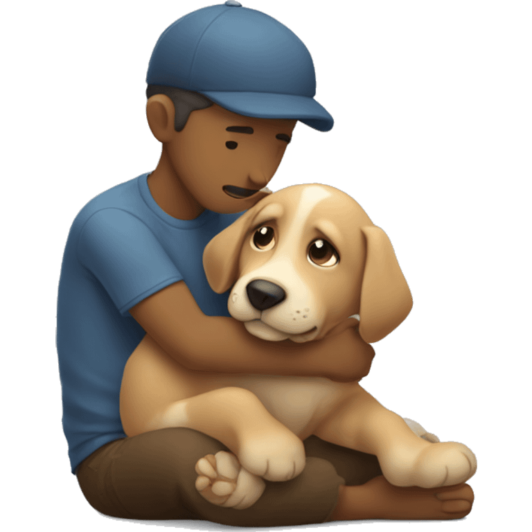 Puppy tightly hugs sitting man emotionly emoji