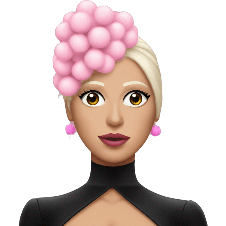 Lady gaga dressed in a black bodysuit with pink pompoms emoji