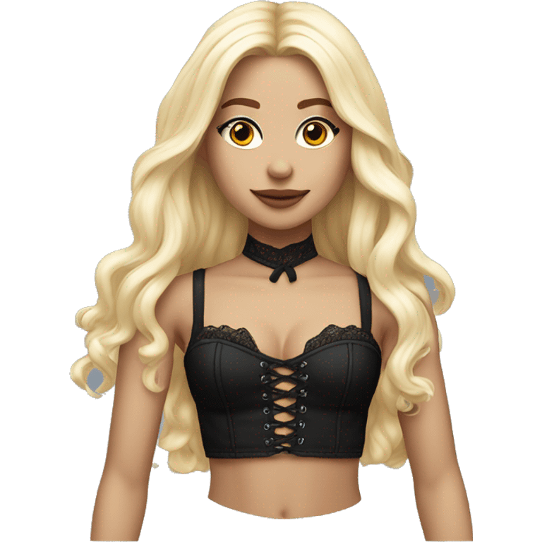 hyperrealistic pale blonde female, long straight hair, black lace-up crop bustier, full body view emoji