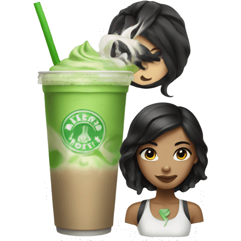 Girl with black hair and an iced matcha latte emoji