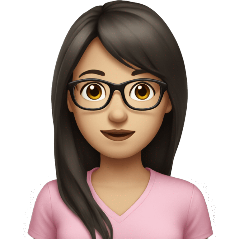 Girl with long dark brown hair and bangs and black glasses pale skin pink shirt emoji