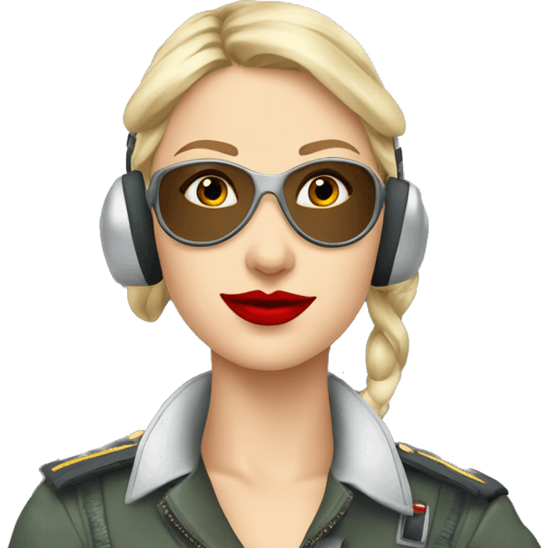 Blonde Russian pilot girl with red lips with pilot headset infront of an airplane   emoji