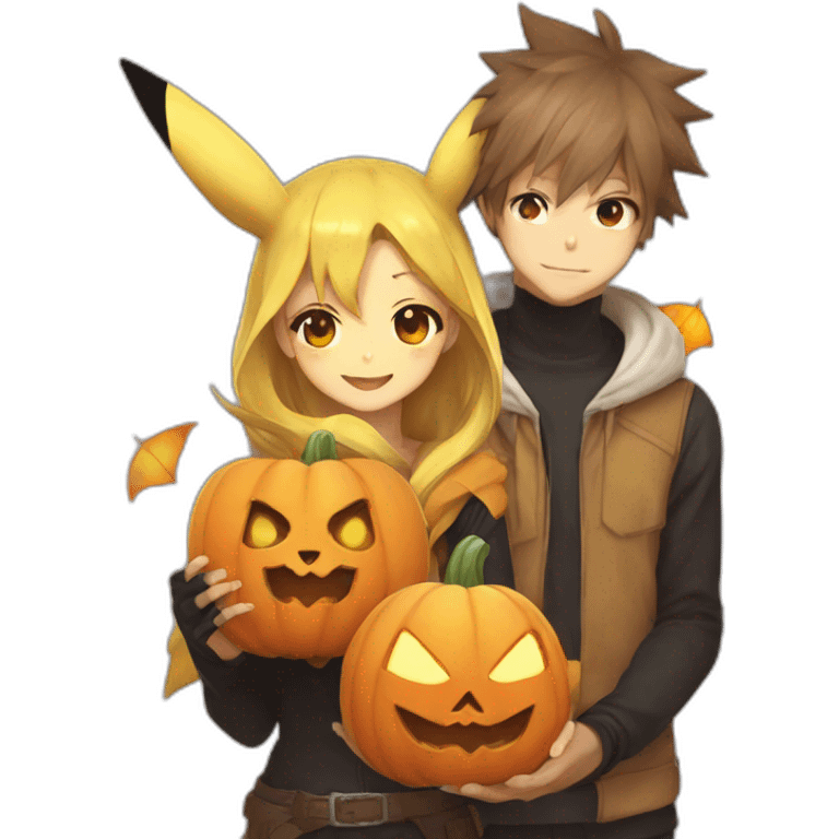 Anime Pikachu and eevee holding halloween pumpkin emoji