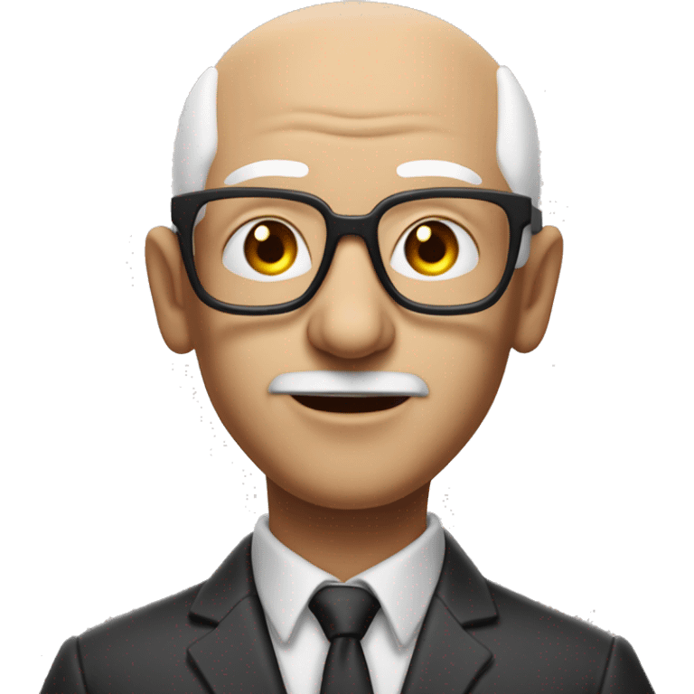 mid age man with paste square glasses, bald with white hair on sides of his gead, big ears and expression lines on bouth sides of mouth, tilted head to the side emoji