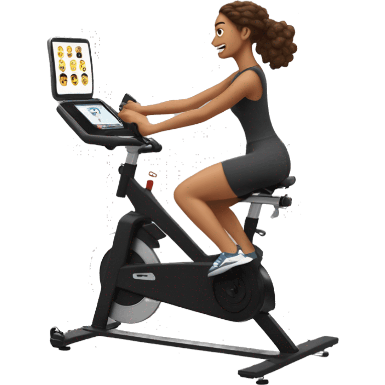 Woman pedaling on a Peloton stationary bike with screen emoji