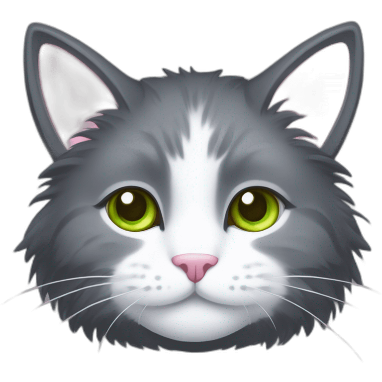 fluffy dark grey cat, short fur, small ears, pink nose, light green eyes, white long whiskers, white spots near the nose, white breast, the cat's fur is soft. emoji