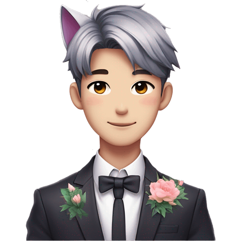 Gorgeous romantic anime style Asian formal modern gentlemanly guy with cat ears and flowers and blushing face aesthetic trending style outside with colorful gradient colors emoji