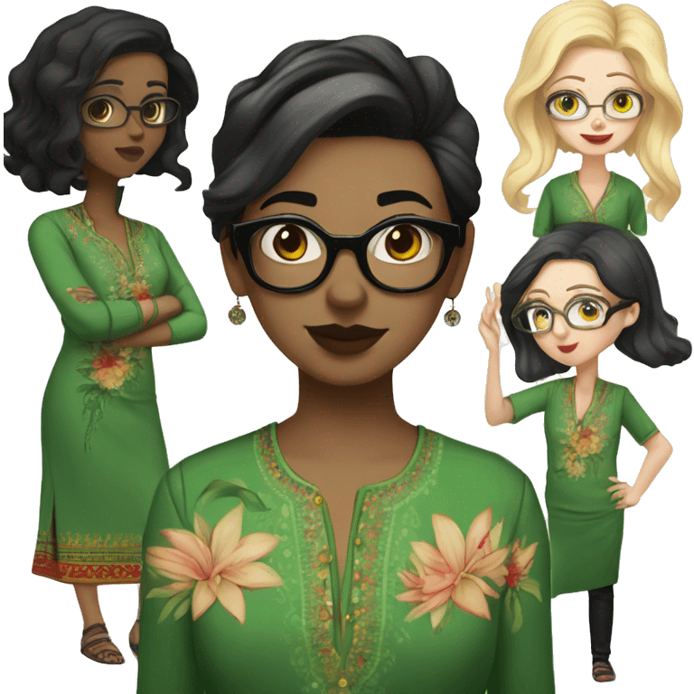 White girl in a green kurta with flower design, glasses, alot of piercing, gay, red lips, nose ring, full body, short straight black edgar hair, black straight hair emoji