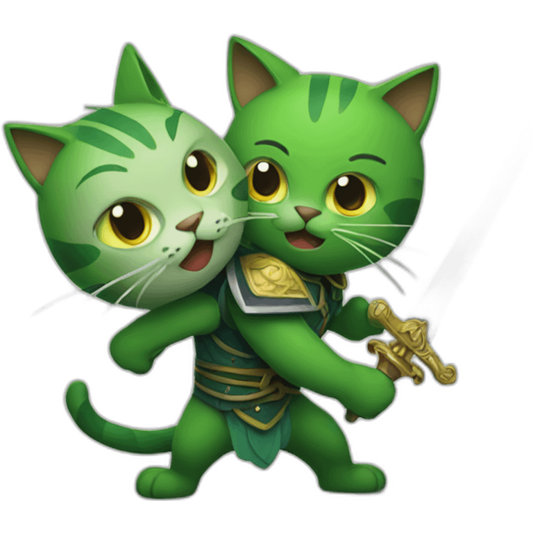 two green cat fighting with sword emoji