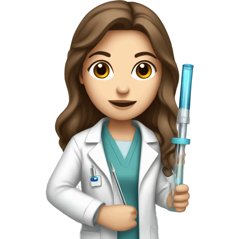 White Girl with long brown hair and brown eyes in a lab coat holding a pipette emoji