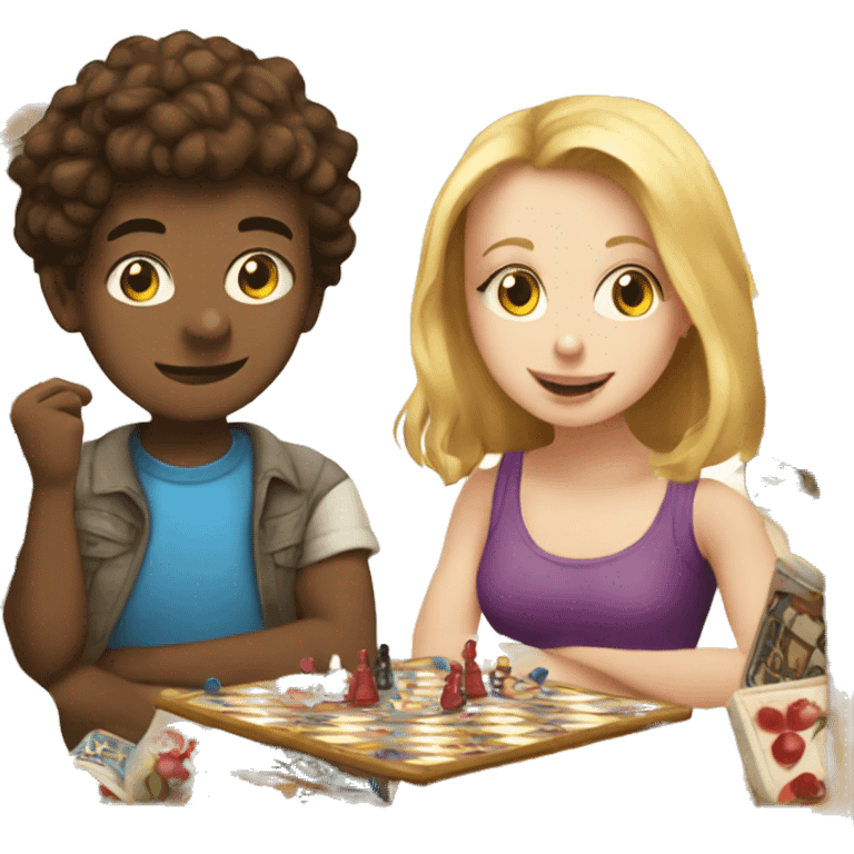 Two young people, one white boy and one white girl, are playing a board game. emoji