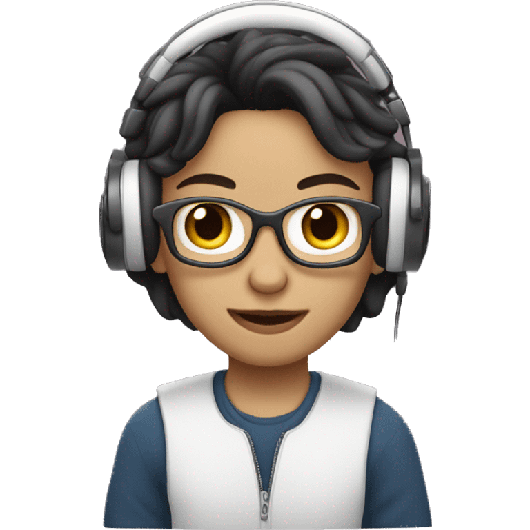 White-skinned firlancer with dark hair works on a laptop in headphones emoji