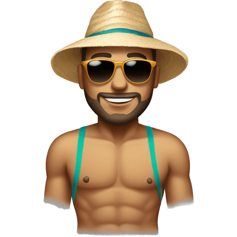 Man wearing sunglasses and beach hat and a swimsuit emoji