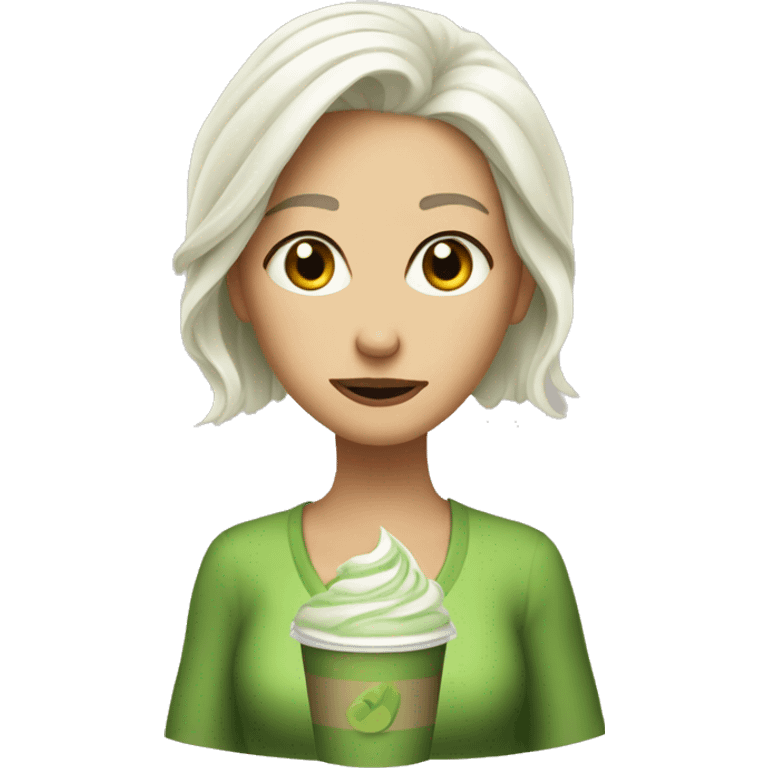 Platinum haired lady disgusted by matcha latte emoji