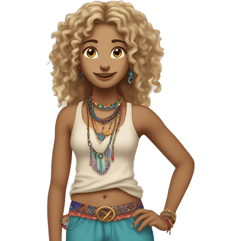 Caucasian hippie girl with curly dirty blonde hair, hazel eyes, baggy colorful pants and a tank top, lots of bohemian bracelets and jewelry emoji