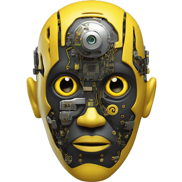 black and yellow cyborg head with circuitry, one artificial eyeball, and yellow goatee emoji