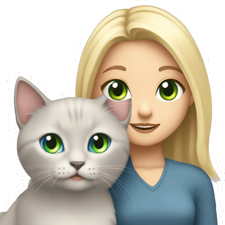 blue eyes grey kitten and green eyes blonde girl are friends emoji