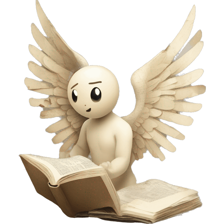 Library book bookworm academia aesthetic beige angel with broken wing damaged wing torn win made of newspaper cuttings emoji