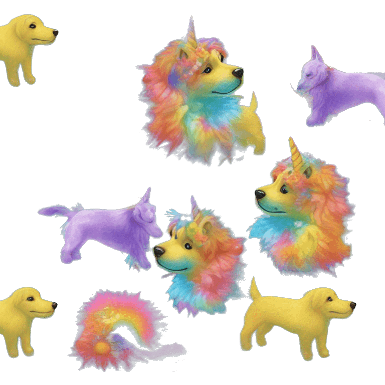 Multicolored rainbow retro groovy tie dye hippie trippy floral patterns on a metallic holographic iridescent blue dog face head unicorn emoji