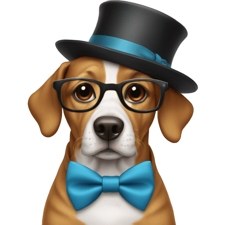 Dog wearing a bow tie and a tall hat with glasses emoji