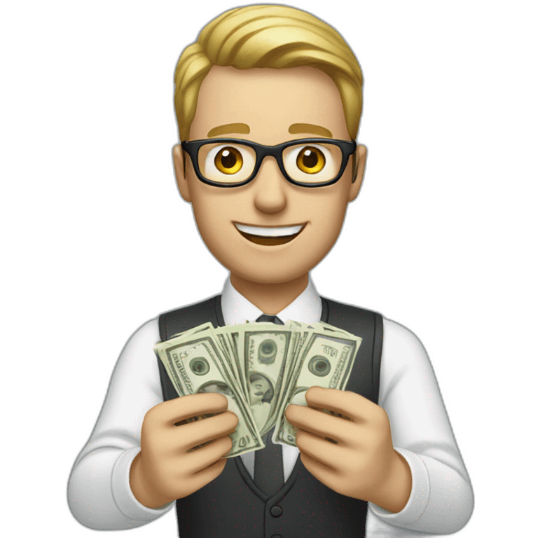 white man holding money with glasses on and hoddei emoji