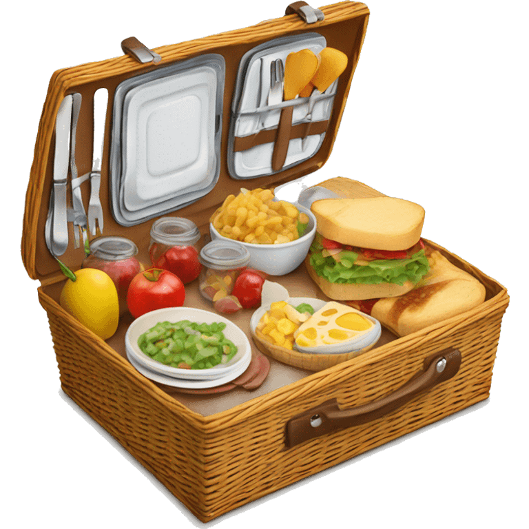 Realistic picnic lunch basket with lid open and food and dishes Packed inside   emoji