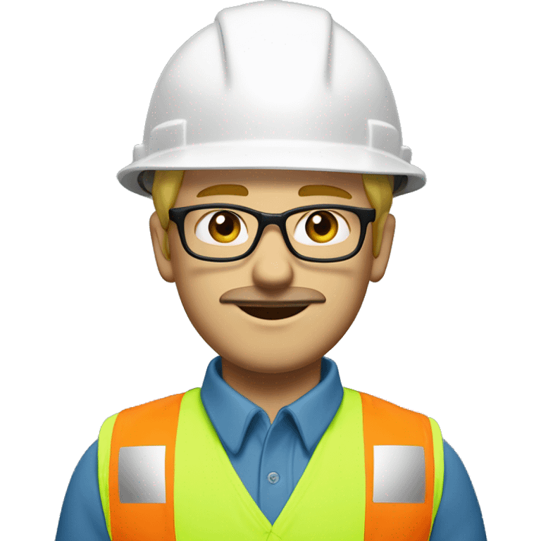 skinny blonde young man, large lips, no beard but with mustache, negative canthal tilt, muted blue/green eyes, glasses, wearing white hard hat that says ”gmc” in orange letters, orange safety vest, muted blue shirt emoji