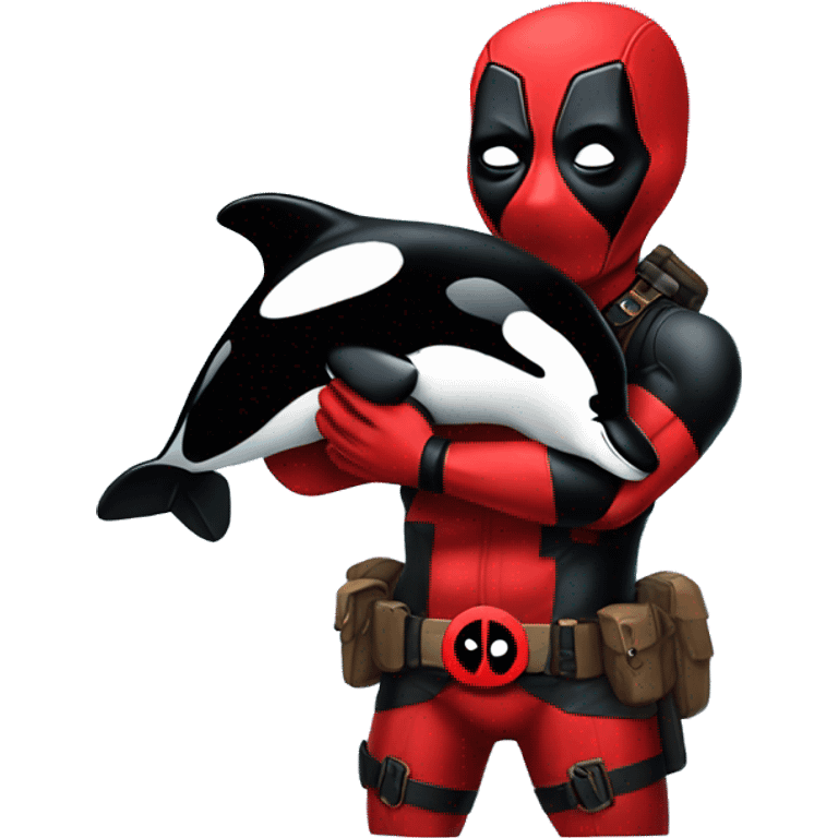 Deadpool holding a baby orca emoji