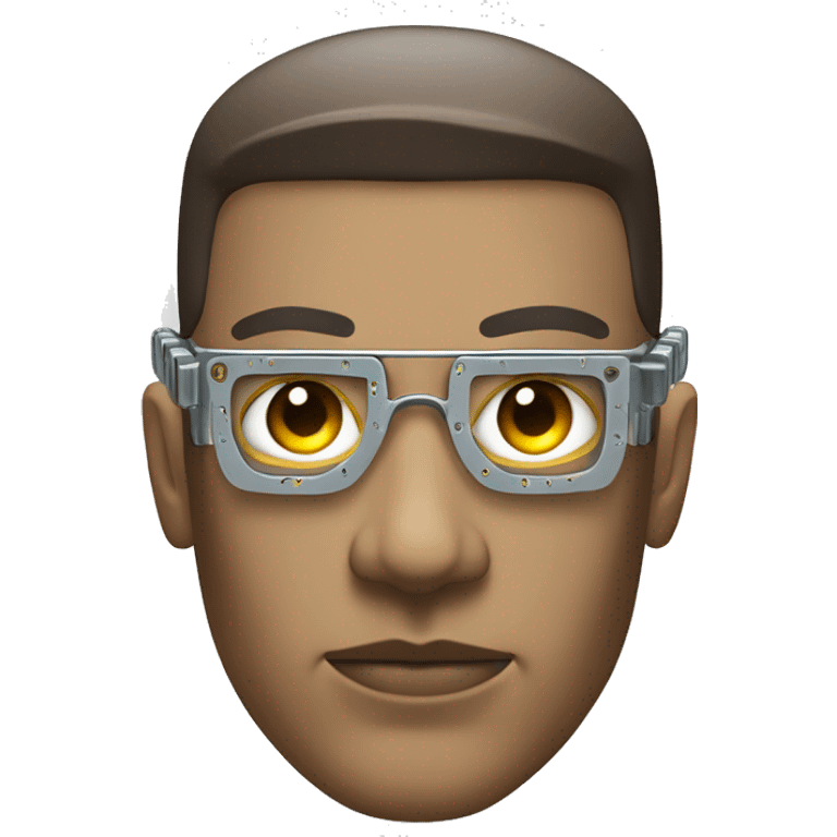 Male cyborg head with metallic plated face, brown flat top, glasses and circuits emoji