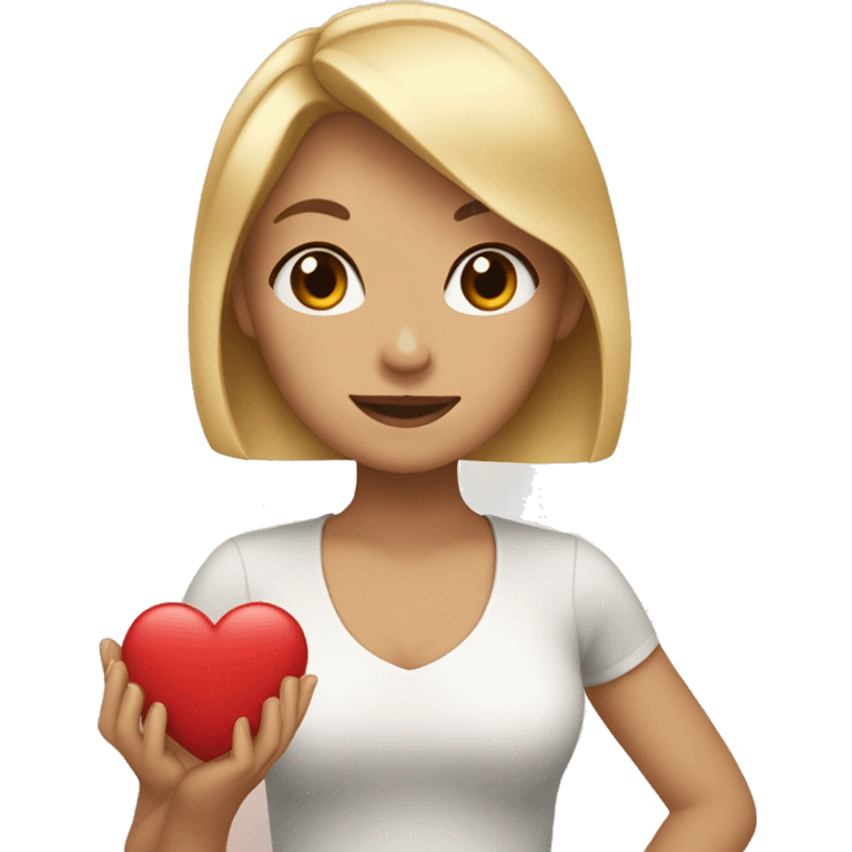 blonde with bob and brown eyes holds a heart in her hand emoji