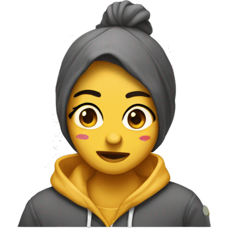 Chica oliendo una sudadera emoji