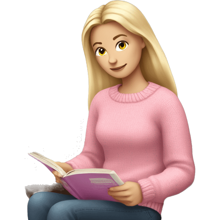 Pretty white girl with pink sweater reading cozy emoji