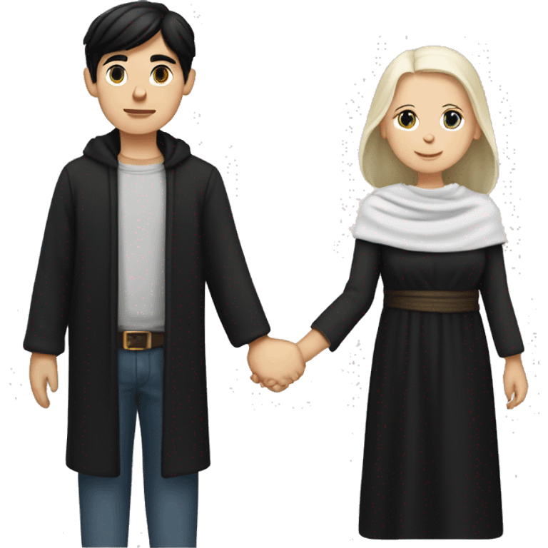 Black-haired, white-skinned, straight-haired boy and white-skinned girl with a black shawl holding hands
 emoji