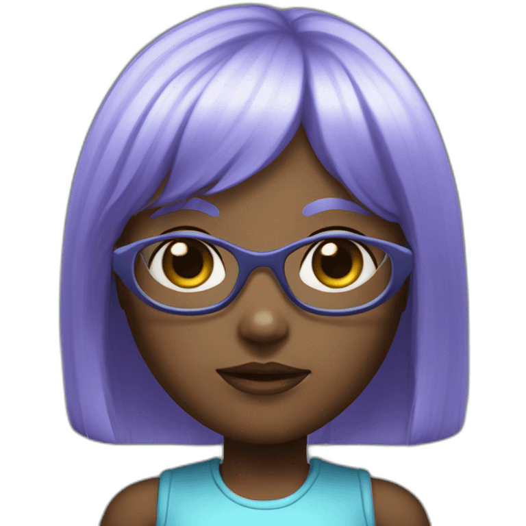 A girl with light blue hair.She has dark skin.Her hair is very long and straight.She has bangs.She has purple eyes.She also has sci-fi glasses.She has a robotic. emoji