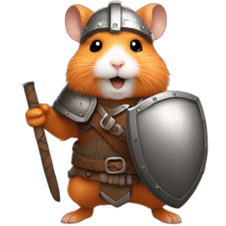 A joyful (((Orange Hamster))) dressed as a ((Viking)), with a warm expression and a defensive posture, ready to engage with a shield drawn emoji