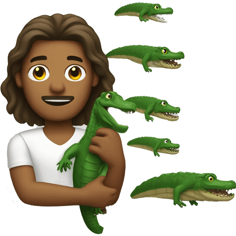 Long hair brown man holding alligator  emoji