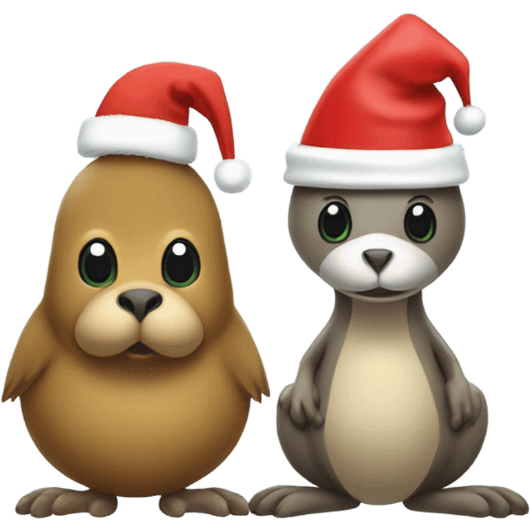 kiwi bird wearing Santa hat and kangaroo wearing Santa hats emoji