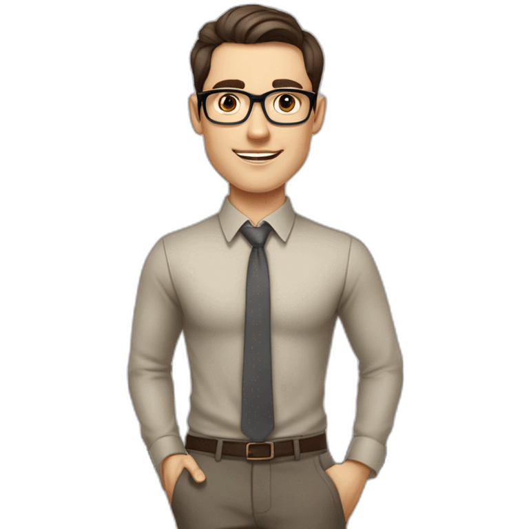 Pale skinned fit man with dark brown hair in gray jacket, beige office shirt, brown tie, brown pants and vintage glasses Writing on the marker board emoji