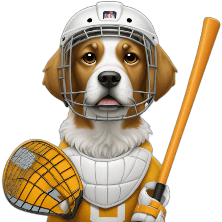 Dog with a goalie stick and goalie helmet  emoji