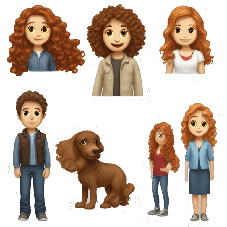 A boy with brown hair two girls, one with long brown curly hair and one with red hair. They are all white  emoji