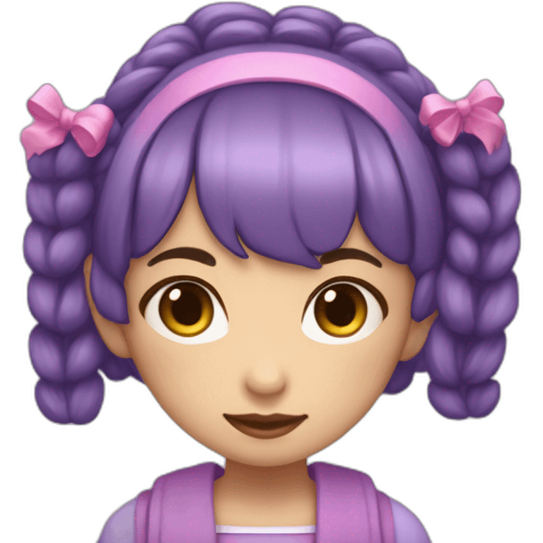 Girl with short purple hair. In her hair she has two odango-shaped pigtails. The girl's hair is styled in a hime cut. She has a medium brown skin.  emoji